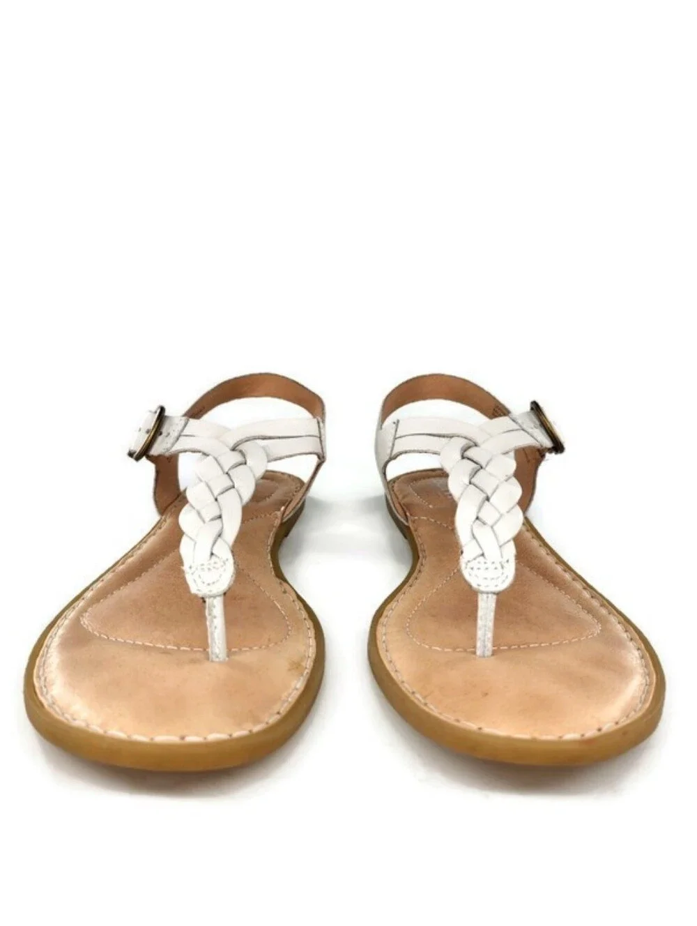 Born Lake White Leather Braided T-Strap T-Post Slingback Buckle Flat Sandals